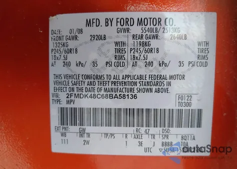 2008 Ford Edge Sel z USA, uszkodzony, nr VIN 2FMDK48C68BA58136